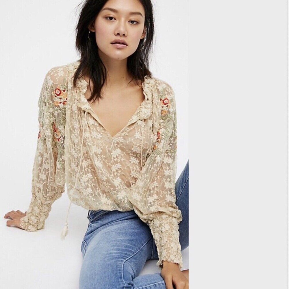 FREE PEOPLE Jubilee Embroidered Mesh Top Floral Ivory Boho